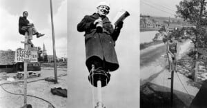 Three black-and-white photos of people sitting atop tall poles, each holding on for balance. The left image has a "Record Paalzitten" sign, the middle shows a man in a coat, and the right features a woman with an American flag.
