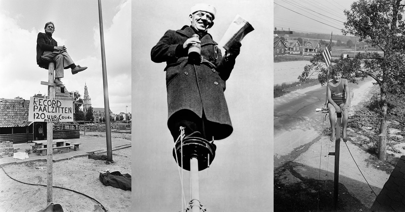Three black-and-white photos of people sitting atop tall poles, each holding on for balance. The left image has a "Record Paalzitten" sign, the middle shows a man in a coat, and the right features a woman with an American flag.