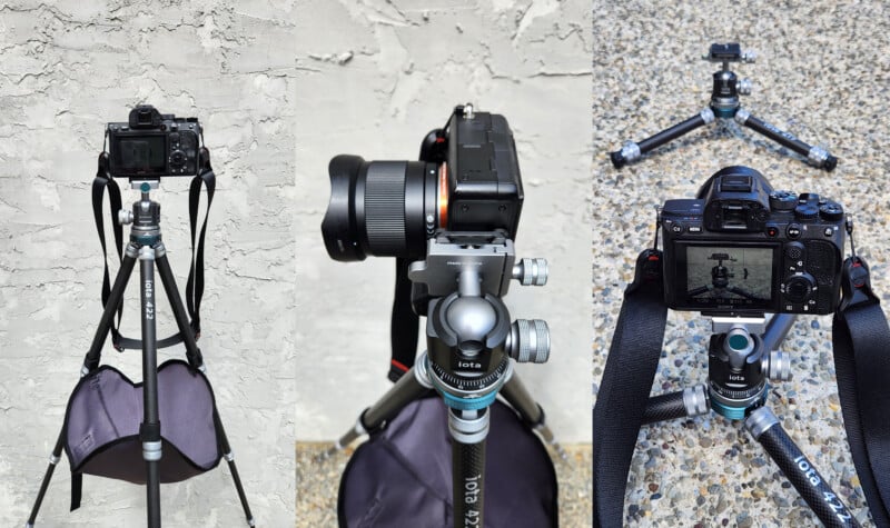 Three photos show a camera mounted on a tripod with a gray wall and pebble ground background. The tripod has a sandbag for stability, and the camera is aimed in different positions in each shot.