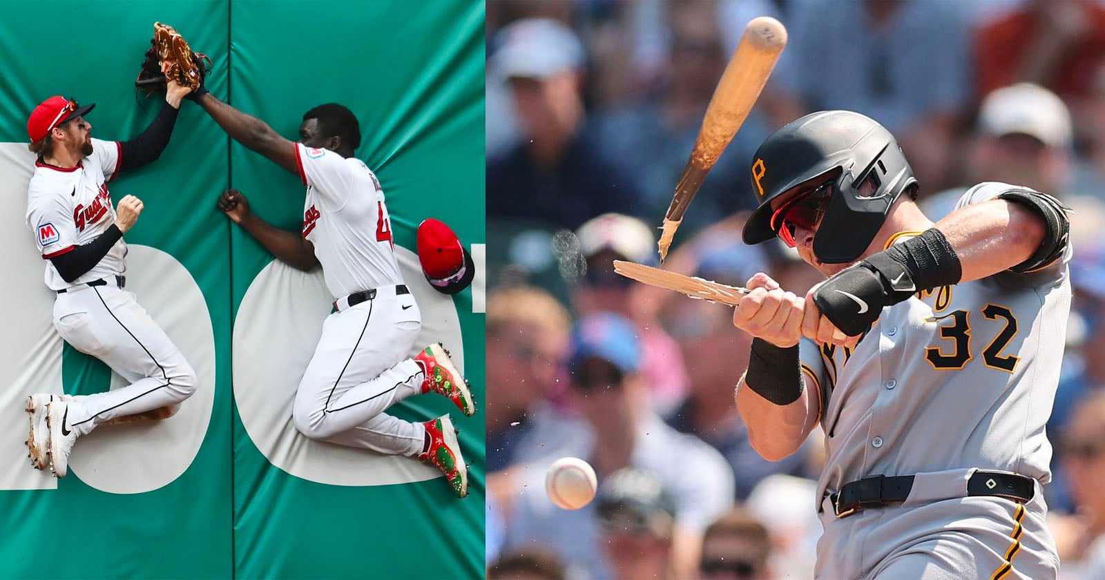 Two baseball players in red and white uniforms collide with the outfield wall while trying to catch a ball; next to them, a batter in a black and yellow uniform breaks his bat hitting a pitch.