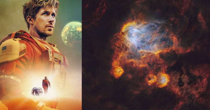 Un hombre vestido con un traje espacial naranja de la NASA y un perro se encuentran sobre una superficie rocosa con un planeta verde detrás de él. A la derecha, una nebulosa colorida brilla en el espacio, arremolinándose nubes de azul, naranja y amarillo.