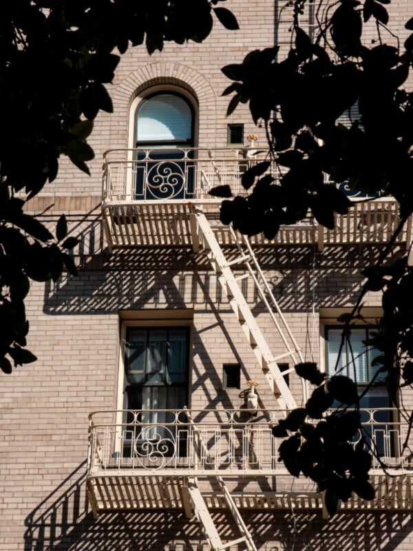 A beige brick building with ornate metal fire escapes and ladders, partially shaded by tree branches and leaves in the foreground. Sunlight creates striking shadow patterns on the wall.