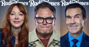 Three people are pictured individually in portrait-style photos in front of a "RadioTimes" backdrop: a woman with red hair, a man with glasses, and a man in a blue suit, all smiling toward the camera.