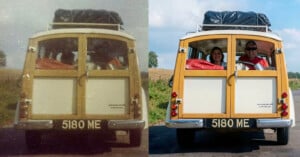 Side-by-side photos of a yellow and white vintage car with the license plate 5180 ME; the left image is old and faded, while the right is recent, showing two smiling people inside.
