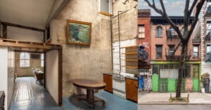 Side-by-side images: Left shows a rustic loft apartment with exposed beams, textured walls, a small kitchen, and a round table; right shows the brick exterior of a city building with green-painted ground floor.