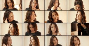 A grid of fifteen images shows a woman with shoulder-length brown hair, wearing a black top, in various poses and expressions while touching her hair and looking in different directions.