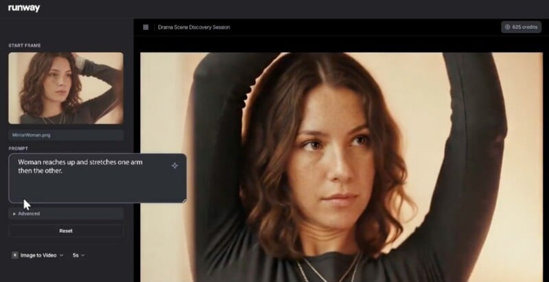 A woman with wavy brown hair stretches one arm upward and the other out to the side. She appears focused. The interface around her shows a prompt describing her movement and video editing tools.