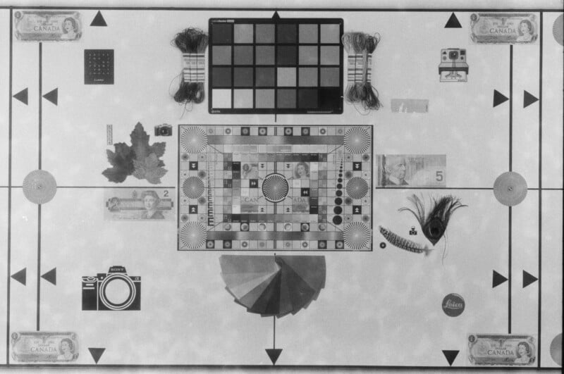 A black and white image of a tabletop with various objects arranged around a central game board, including Canadian bills, cameras, leaves, string, a feather, a color chart, and a Leica logo. Arrows and geometric shapes frame the layout.