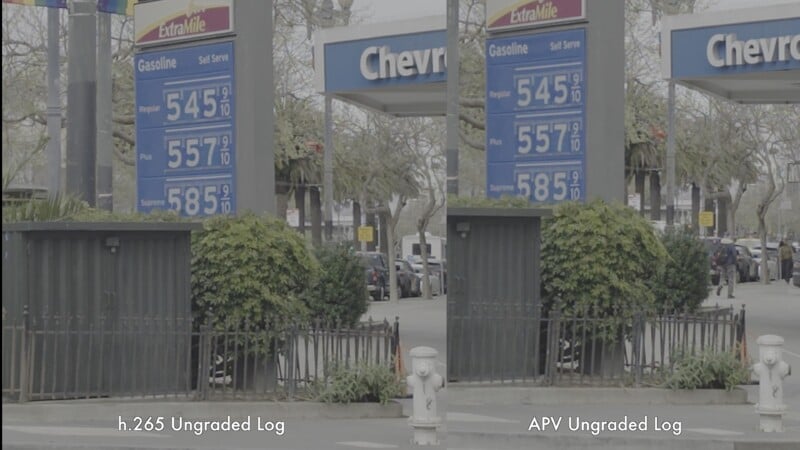 A side-by-side comparison of a Chevron gas station price sign, showing Regular at $5.45, Plus at $5.57, and Supreme at $5.85. Text at the bottom labels the images "h.265 Ungraded Log" and "APV Ungraded Log.