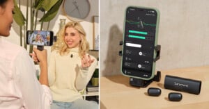 Two women record a video with a smartphone, while one woman speaks and gestures. Beside them, a close-up shows a phone with sound monitoring app and wireless microphone equipment on a table.