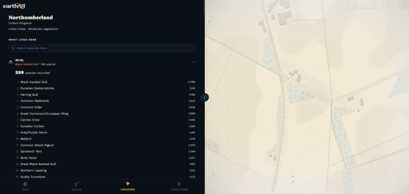 A digital map of Northumberland, UK, is shown on the right, with a list of 298 bird species and their sightings on the left. The top species include Black-headed Gull, Eurasian Coot, and Mallard.