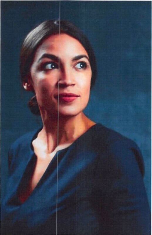 A woman with dark hair pulled back, wearing a dark top, looks slightly to her left against a dark blue background. The image has a vertical line down the center, indicating it may be a scanned photo.