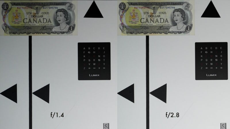 Two test charts labeled "f/1.4" and "f/2.8" show a Canadian one-dollar bill at the top, large black triangles, a resolution chart, and various alignment marks on a white background.