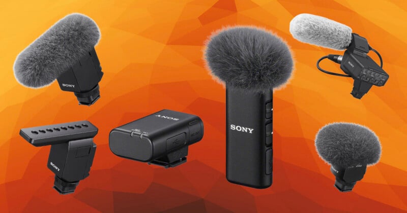 Six different Sony microphones with furry windshields are displayed on an orange geometric background. The microphones vary in shape and size, showing a range of recording equipment.