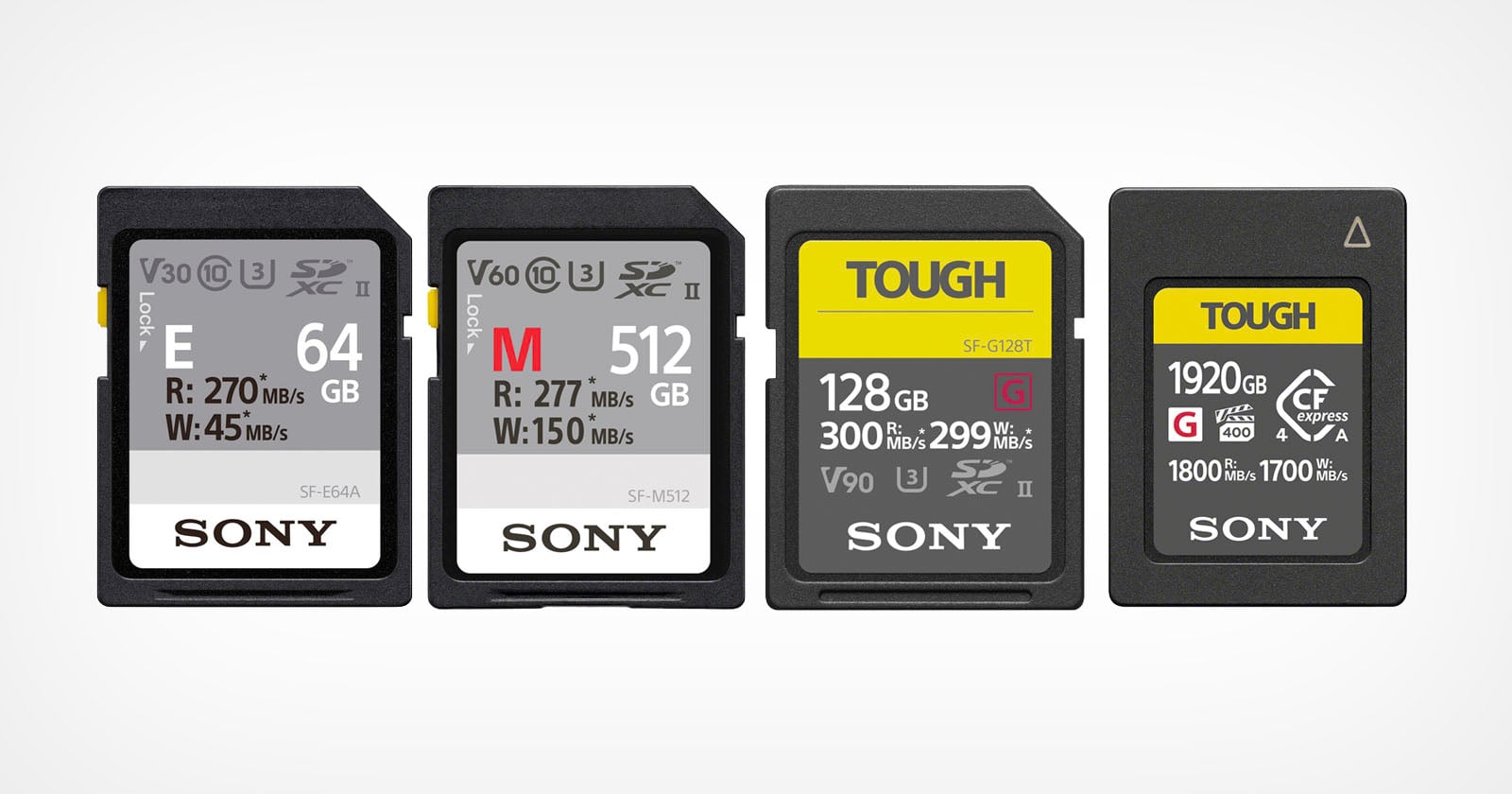 Four Sony memory cards are lined up side by side, each with different capacities and designs, labeled 64GB, 512GB, 128GB, and 1920GB, with various speed ratings and "TOUGH" labels on two of them.