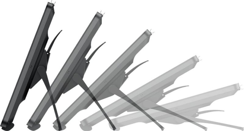 Side view illustration of a monitor stand showing a range of tilt adjustments, with the monitor in multiple angled positions from upright to reclined.