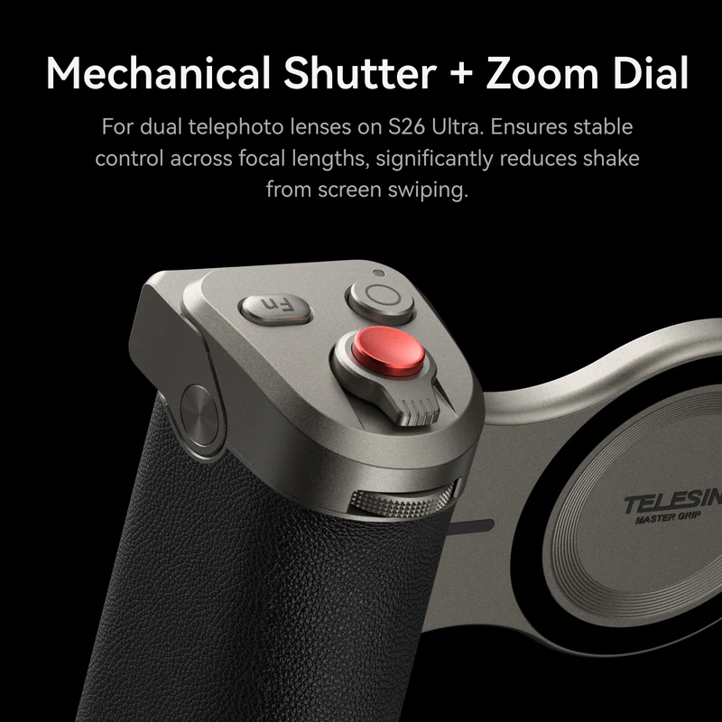 Close-up of a camera grip with a mechanical shutter button, zoom dial, and textured handle. Text highlights features for dual telephoto lenses on the S26 Ultra, focusing on stability and reduced shake.