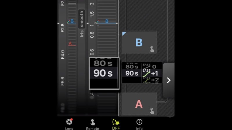 Pantalla de interfaz de la cámara que muestra los ajustes de enfoque y exposición. Los cuadros grandes muestran 
