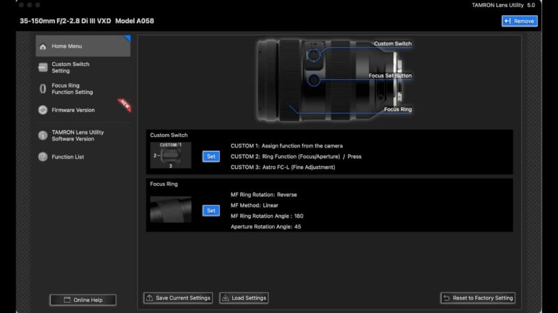 Captura de pantalla de la interfaz del software de personalización de la lente de la cámara que muestra la configuración del anillo de enfoque y los interruptores personalizados en una lente personalizada de 150-500 mm, así como diagramas visuales y opciones ajustables para rotación y función.