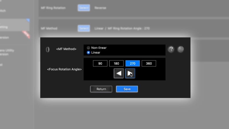 La interfaz del software muestra la configuración del ángulo de rotación del enfoque, incluidas opciones y botones de selección de 90, 180, 270 y 360 grados. "Lineal" seleccione un método y "ahorrar" y "devolver" El botón está en la parte inferior.