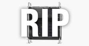 A computer tower with its side panel removed is shown in the background. The large white letters "RIP" are overlaid across the center of the image.