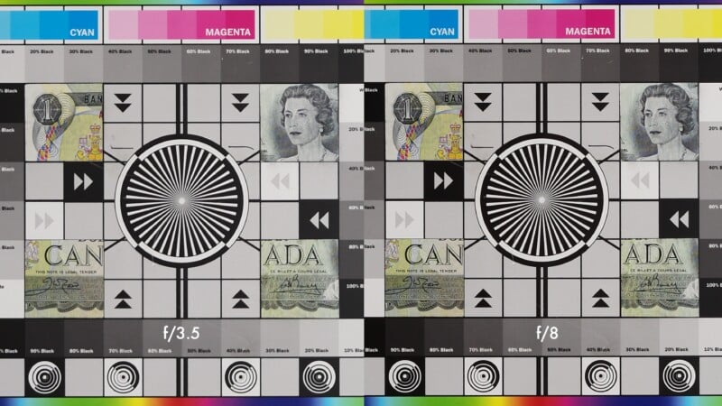 Comparación lado a lado de dos imágenes de prueba de cámara, etiquetadas f/3,5 (izquierda) y f/8 (derecha), cada una con barras de color, bloques en escala de grises, círculos concéntricos, flechas e imágenes de moneda.