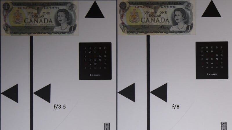 Dos imágenes de prueba, una al lado de la otra, que muestran un billete de un dólar canadiense y un objetivo de enfoque. Marcados con f/3,5 a la izquierda y f/8 a la derecha, muestran el efecto de diferentes aperturas sobre la nitidez y la profundidad de campo.