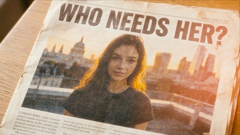 A newspaper front page shows a young woman with brown hair standing outdoors at sunset. The bold headline above her reads "WHO NEEDS HER?" City buildings are visible in the blurred background.