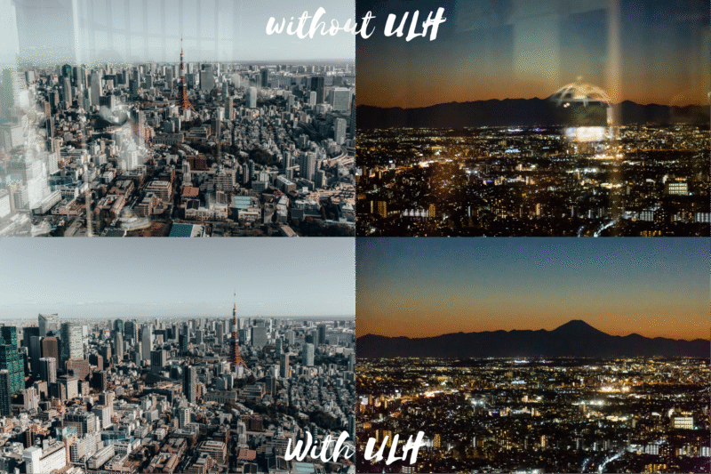 A comparison of cityscape photos taken through glass: the top row “without ULH” shows reflections on the glass, while the bottom row “with ULH” displays clearer images without reflections, both daytime and nighttime views.