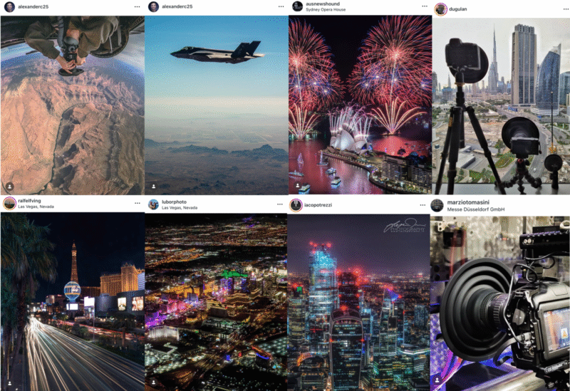A collage of eight Instagram-style photos, featuring aerial views, jet planes, city skylines with fireworks, skyscrapers, cameras on tripods, the Las Vegas Strip at night, and close-ups of professional video equipment.