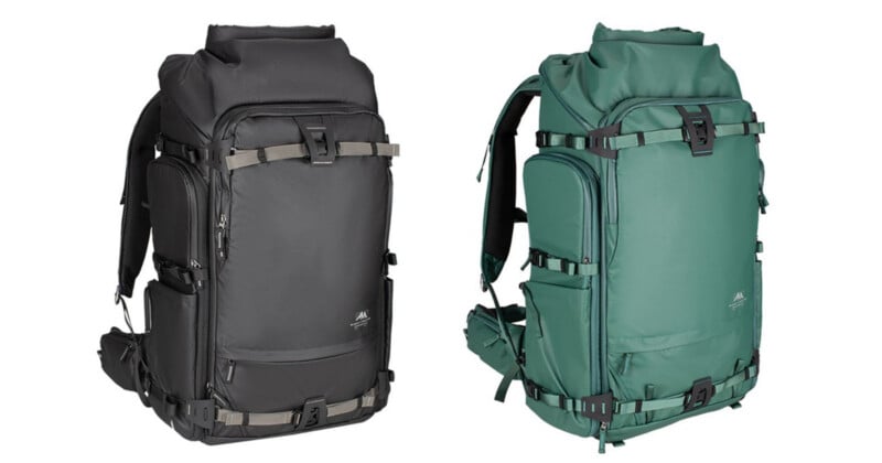 Two large hiking backpacks are shown side by side against a white background; one is black and the other is green. Both have multiple pockets, adjustable straps, and buckles, designed for outdoor or travel use.
