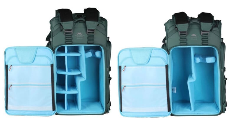 Two green backpacks are shown with their front compartments open, revealing light blue interiors. The left has adjustable dividers forming sections; the right has a single divider creating two larger compartments.