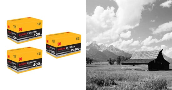 Three boxes of Kodak Tri-X black and white film are shown on the left; on the right is a black-and-white photo of a rustic barn in a grassy field with mountains and clouds in the background.