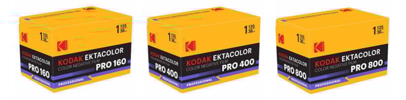 En la foto se muestran tres cartuchos de película profesional Kodak Ektacolor, etiquetados PRO 160, PRO 400 y PRO 800. Cada caja es amarilla y negra con un logotipo rojo de Kodak y texto blanco, azul y negro.