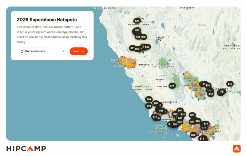 A map of California and western Nevada highlights 2026 superbloom hotspots with clustered markers showing locations of notable wildflower blooms and campsite options, alongside a text box about tracking superblooms.