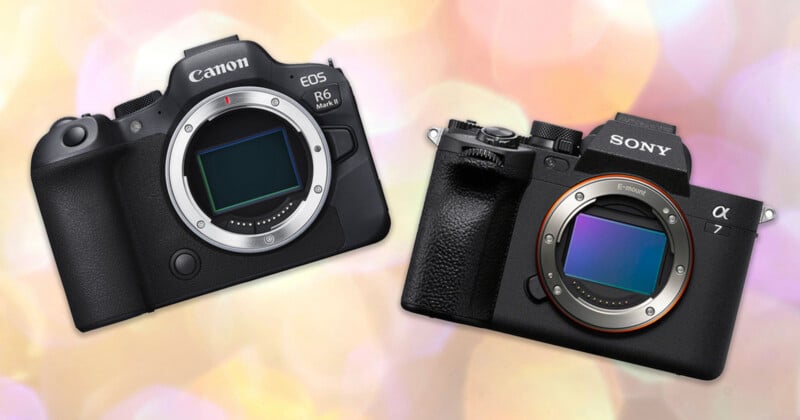 Two mirrorless digital cameras without lenses are shown against a soft, colorful background. The left camera is a Canon EOS R6 Mark II, and the right camera is a Sony Alpha 7, both displaying their image sensors.