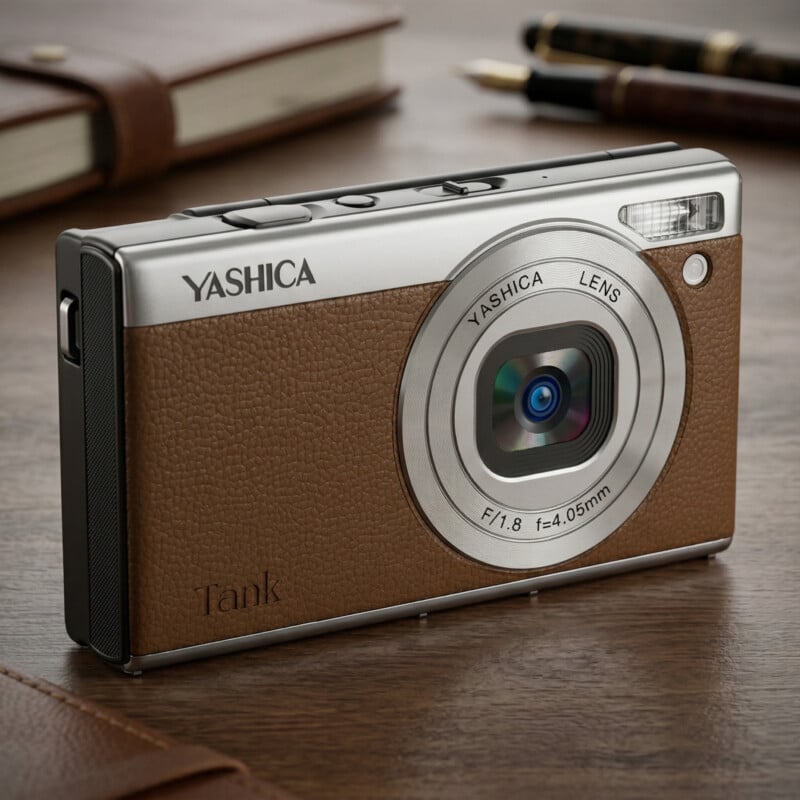 A Yashica digital camera with a brown leather texture and silver accents sits on a wooden table, with blurred notebooks and pens in the background.
