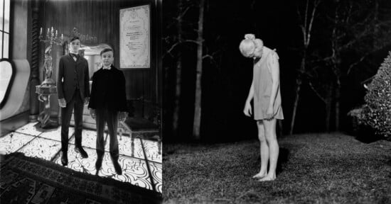 On the left, two boys in vintage clothing stand in a hotel reception area; on the right, a pale figure in a light dress stands barefoot on grass at night, head and arms hanging down.