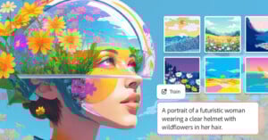 A futuristic woman wears a transparent helmet filled with colorful wildflowers, surrounded by vibrant, dreamlike scenery and thumbnail artworks of nature scenes. Text reads: "A portrait of a futuristic woman wearing a clear helmet with wildflowers in her hair.