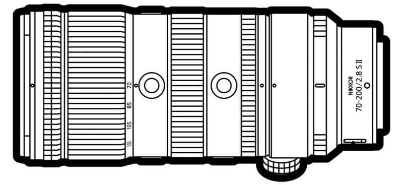 Black and white line drawing of a Nikkor 70-200mm f/2.8 S II camera lens, shown in a horizontal orientation with detailed markings, focus, and zoom rings visible.