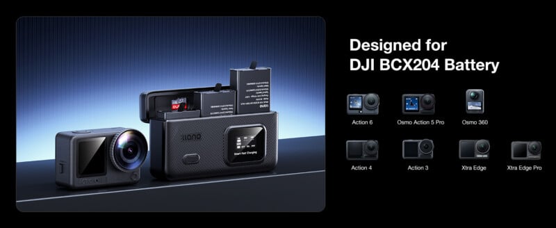 Two action cameras and a battery charging case labeled "DJI" are shown, with one camera being charged. Text reads "Designed for DJI BCX204 Battery," alongside images of compatible camera models.