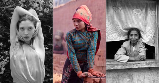 A photo collage with three portraits: a woman with wavy hair poses with arms raised in front of flowers; a woman in colorful traditional clothing and a headscarf looks to the side; an elderly woman leans out of a window smiling.