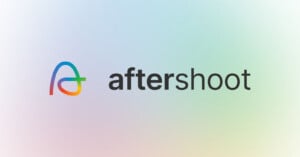 Aftershoot logo featuring a colorful, abstract "A" symbol on the left and the word "aftershoot" in bold black letters on a soft pastel gradient background.