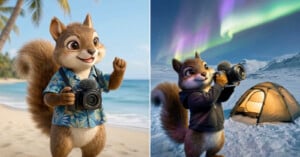 A cartoon squirrel holding a camera stands on a tropical beach in a Hawaiian shirt (left) and in snowy mountains by a tent under northern lights wearing a hoodie (right).