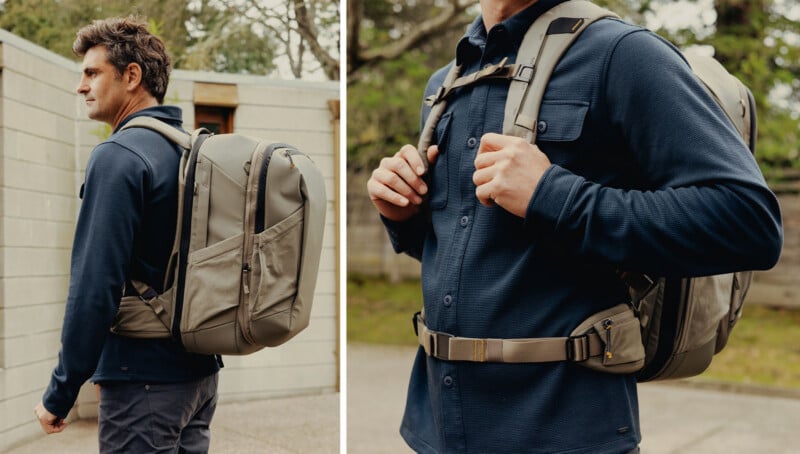 A man wearing a large, gray backpack with padded shoulder straps and a waist belt, shown in side and close-up views outdoors. He is dressed in a navy blue shirt and dark pants.