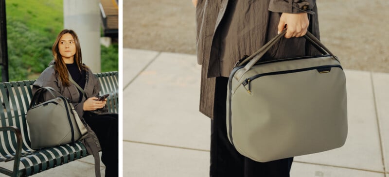 A person sits on a bench holding a phone with a large gray bag beside them; next, a close-up shows the person standing and holding the same gray bag by its handle.