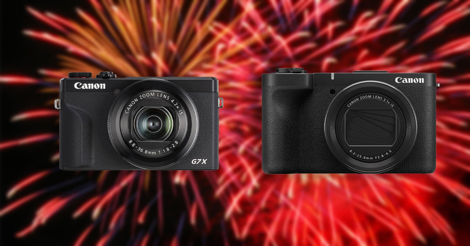 Two Canon digital cameras are displayed side by side against a vibrant background of colorful fireworks.