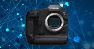 A Canon EOS R1 camera body without a lens is shown against a blue background with interconnected digital network lines and circles.
