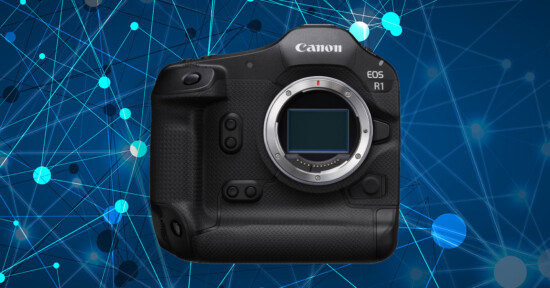 A Canon EOS R1 camera body without a lens is shown against a blue background with interconnected digital network lines and circles.
