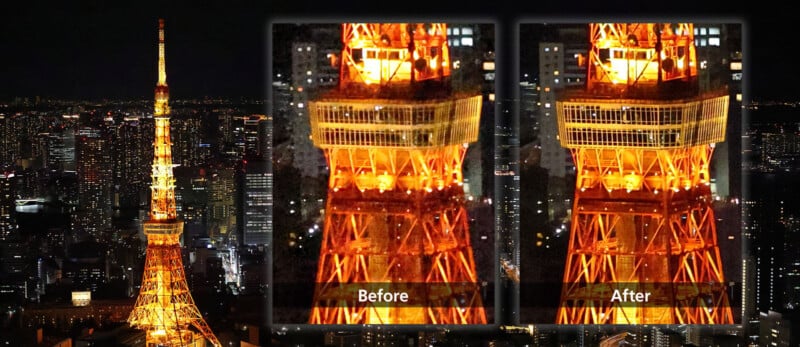  the left "Before" panel is blurry, while the right "After" panel is sharper and clearer. City lights are visible in the background.